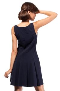 Dark Blue Sleeveless Pleated Round Neckline Dress