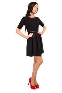 Black Magnanimous Modern Belted Tea-length Dress