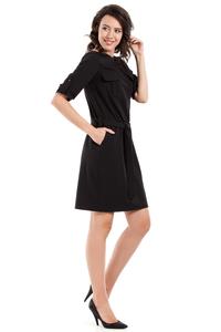 Black Casual Rolled-up Sleeves Mini Dress