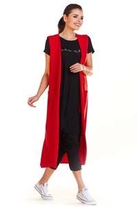 Red Long Knitted Vest with Pockets