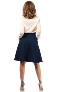Dark Blue Flared Knee Lenght Skirt with Pockets