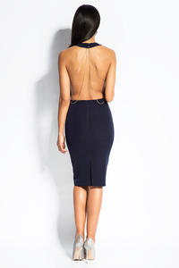 Navy Blue Evening Dress with Open Back and Chain