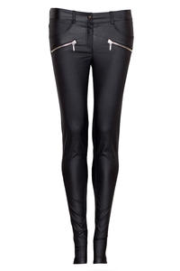 Black Faux Leather Stretch Skinny Pants with Slant Zipper Pockets