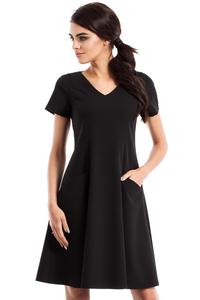 Black Flared Short Sleeves Dress with Front Pockets