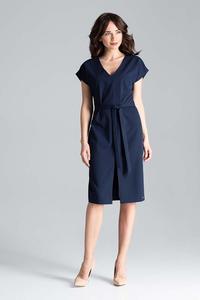 Dark Blue Belted V-Neck Dress