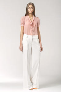 Pink Bow Neckline Pleated Back Chiffon Blouse