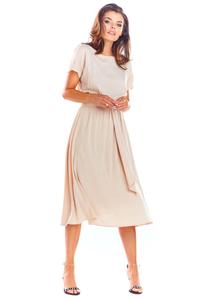 Beige Flared Midi Dress with Short Kimono Sleeve