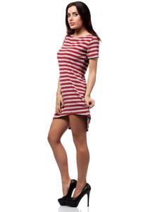 Red Bateau Neck Striped Dippy Hemline Shift Dress