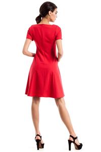 Red Flared Short Sleeves Dress with Front Pockets