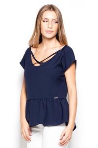 Dark Blue Short Sleeves Blouse with a Peplum