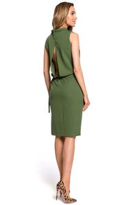 Green Blocked Midi Sleeveless Stand Dress