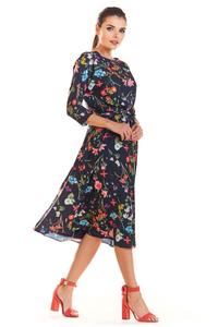 Navy Blue Classic Flared Dress with a Colorful Pattern