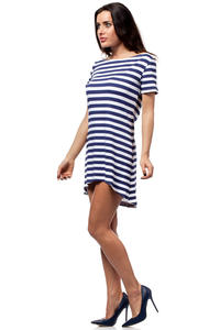 Dark Blue Bateau Neck Striped Dippy Hemline Shift Dress