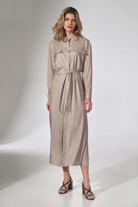 Beige Button Closure Belted Midi Dress