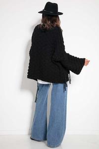 Black Oversize Sweater with Sewn-On Pocket and Fringes