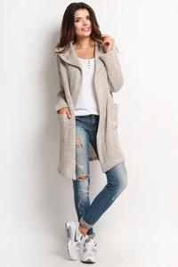 Beige Long Hodded Cardigan with Pockets