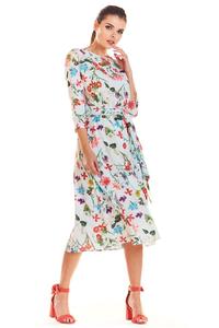 Ecru Classic Flared Dress with a Colorful Pattern