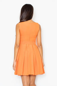 Pleated Belted Sleeveless Orange Dress with Seamed Top