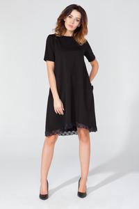 Black Flared Short Sleeves Dress with Lace Edging 