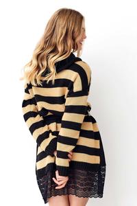 Camel Long Striped Sweater with Lace
