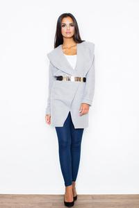 Grey Big Collar Short Coat with Gold Belt