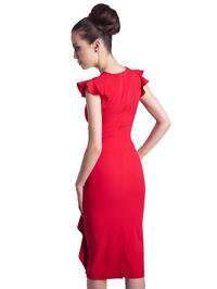 Red Structured Petal Sleeves Midi Dress