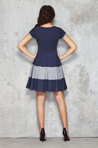 Blue and Grey Casual Dress with Single Button Embellishment