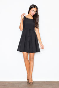 Pleated Belted Sleeveless Black Dress with Seamed Top