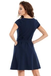 Dark Blue Short Sleeves Belted Mini Dress