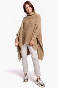 Turtleneck Asymmetrical Poncho-Sweater - Camel