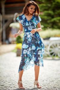 Nevy Blue Envelope Dress Midi in Flowers with a frill