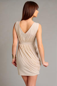 Beige Elegant Draped V-Neckline Mini Dress