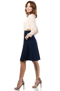 Dark Blue Flared Knee Lenght Skirt with Pockets