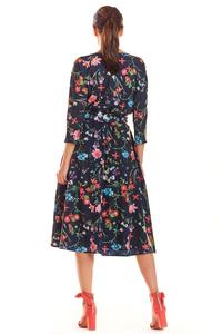 Navy Blue Classic Flared Dress with a Colorful Pattern