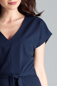 Dark Blue Belted V-Neck Dress