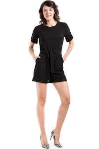 Black Short Sleeves Belted Summer Jumpsuit