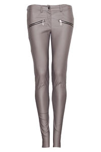 Beige Faux Leather Stretch Skinny Pants with Slant Zipper Pockets