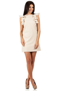 Beige High Neck Shift Dress with Waterfall Shoulders