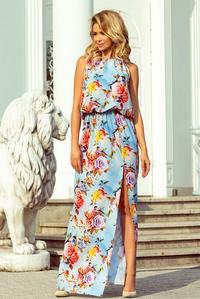 Light Blue Maxi Dress Tied at the Neck in Flowers