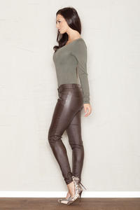 Brown Faux Leather Stretch Skinny Pants with Slant Zipper Pockets