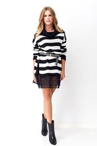 Ecru Long Striped Sweater with Lace