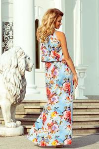 Light Blue Maxi Dress Tied at the Neck in Flowers