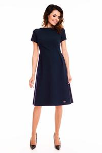 Dark Blue Short Sleeves Midi Flared Dress