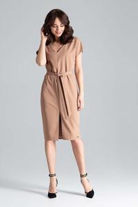 Brown Belted V-Neck Dress