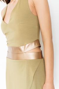 Olive Green Gold Leather Waist Midi Dress