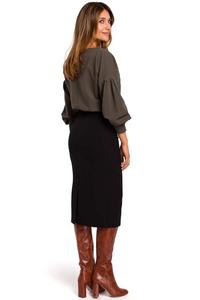 Black Pencil Skirt over the Knee with a cut belt