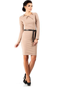 Cappuccino Pleated Neckline Shift Dress with Belt
