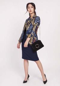 Navy Blue Classic Jacket with Tropical Leaves