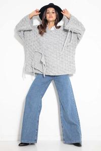 Oversize sweater with sewn-on pocket and fringes - gray