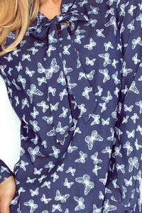 Dark Blue Butterfly Pattern Shirt With Self Tie Bow
